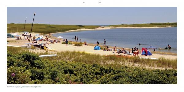 People relax and sunbathe on a sandy lakeside beach with calm blue water and greenery—an inviting scene, perfect for Nantucket photography or as a memory in your Nantucket book by Schiffer Publishing, Ltd.