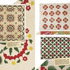 Four vintage quilts with intricate red, green, and yellow patterns are featured across two pages of "Quilts of Cumberland County" by Schiffer Publishing, Ltd., each quilt shown with a tan label sharing its history and preservation in Cumberland County.