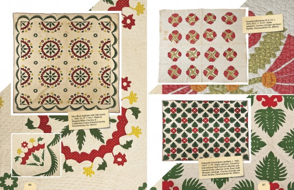 Four vintage quilts with intricate red, green, and yellow patterns are featured across two pages of "Quilts of Cumberland County" by Schiffer Publishing, Ltd., each quilt shown with a tan label sharing its history and preservation in Cumberland County.