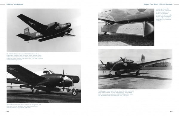 Four black-and-white photos of US Army Twin Beeches showcase the planes in flight, on the ground, and highlight technical features. Each image in this Schiffer Publishing, Ltd. title includes a descriptive caption and key specifications.