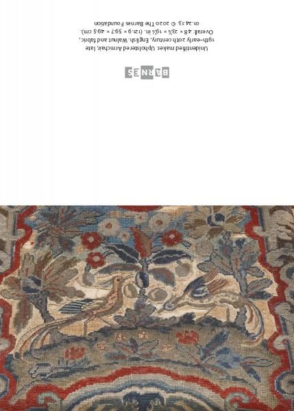 An upside-down tapestry image of two birds among foliage with a decorative border, from "Birds in the Barnes Foundation" by Schiffer Publishing, Ltd., appears on art notecards with exhibition info printed above, also upside down.