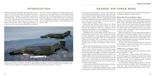 A McDonnell-Douglas F-4 Phantom II flies with another military jet above mountains under a clear sky, as featured on the book page "McDonnell-Douglas F-4 Phantom II at George Air Force Base, California" by Schiffer Publishing, Ltd.