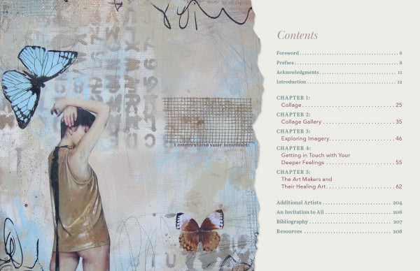How Art Heals by Schiffer Publishing, Ltd. shows a mixed-media collage of a person in a loose tank top with blue and brown butterflies, abstract textures, and scribbles. A contents page in serif font appears on the right, perfect for creative inspiration.