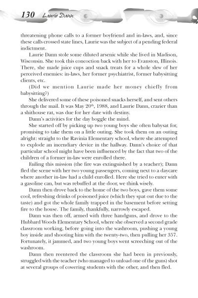 Midwest Maniacs by Schiffer Publishing, Ltd. features a page on Laurie Dann, highlighting her violent crimes—from threats and poisoning to a notorious school shooting—cementing her status among infamous Midwest criminals.