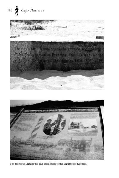 A page from "Ghosts of the Outer Banks" by Schiffer Publishing, Ltd. shows a buried stone memorial and an informational display about the Hatteras Lighthouse, featured in local ghost stories and haunted lighthouse legends.
