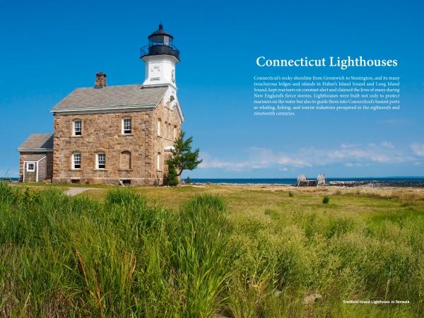 A historic stone lighthouse on the coast overlooks the ocean, surrounded by green grass—an ideal scene for enthusiasts. "Lighthouses and Coastal Attractions of Southern New England" by Schiffer Publishing, Ltd. is featured in white text beside the building.
