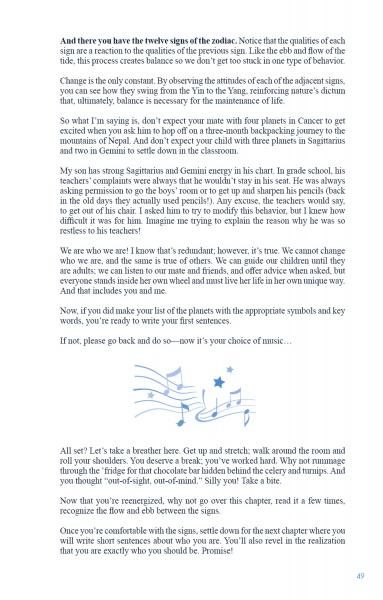 A page from "The Beginner's Guide to Astrology" by Schiffer Publishing, Ltd. explores zodiac signs, self-growth, and reflection—ideal for astrology learners. Simple musical notes and wavy lines below invite a gentle reading pause.