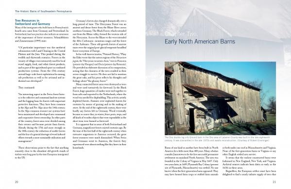 A two-page spread in *The Historic Barns of Southeastern Pennsylvania* by Schiffer Publishing, Ltd. features barn history text on the left and a large photo of a weathered wooden barn beneath a blue sky on the right.