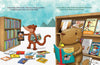 An illustrated otter selects a book, while a capybara reads a funny story titled UNTITLED by Schiffer Publishing, Ltd. Animal-themed books, like one on coatimundi, are nearby as snowy mountains rise in the background.