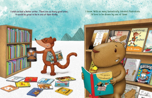 An illustrated otter selects a book, while a capybara reads a funny story titled UNTITLED by Schiffer Publishing, Ltd. Animal-themed books, like one on coatimundi, are nearby as snowy mountains rise in the background.