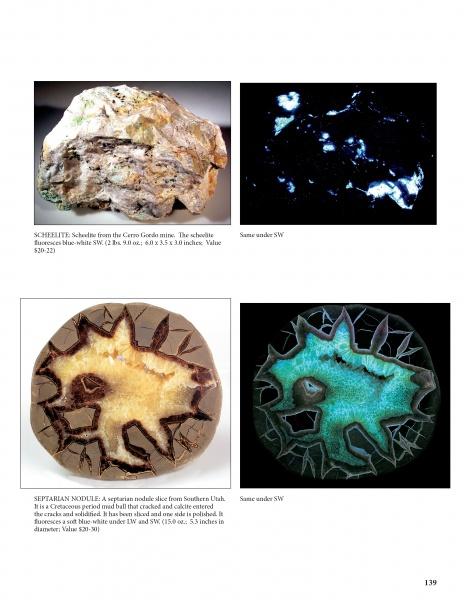 A page from "Collecting Fluorescent Minerals" by Schiffer Publishing, Ltd. features scheelite and septarian nodule specimens under normal and shortwave UV light, highlighting their vivid glowing patterns—ideal for any mineral enthusiast.