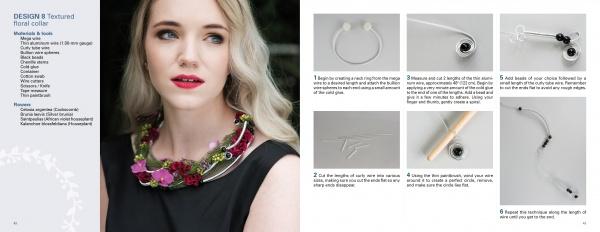 On the left, a woman wears Floral Accessories by Schiffer Publishing, Ltd. On the right, step-by-step photos detail making the necklace, showing tools, materials, and floral design assembly instructions.