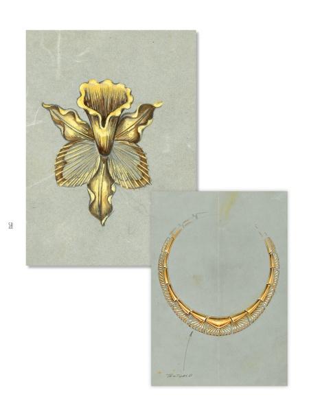 Monet by Schiffer Publishing, Ltd. features two hand-drawn vintage jewelry designs on gray paper: a gold flower brooch with textured petals and an elegant gold necklace with geometric patterns.