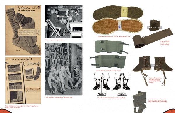 A collage from "Ruhetag, The Day to Day Life of the German Soldier in WWII" by Schiffer Publishing, Ltd. features vintage sock ads, soldiers donning socks, wartime footwear like puttees and ankle boots, plus historic sock illustrations and labels.