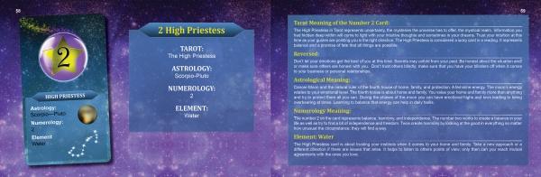 Pick Your Numbers! by Schiffer Publishing, Ltd. features a purple-themed tarot guide showing the 2 High Priestess card with a moon, Scorpio–Pluto, and water. The right page explains its Tarot system, numerology, and astrology on a starry background.