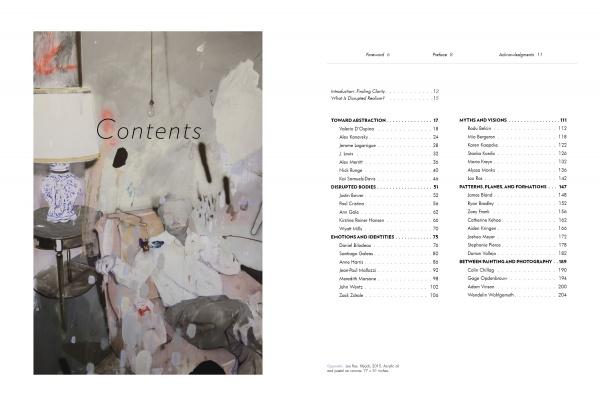On the right, Disrupted Realism’s table of contents appears; on the left, a disrupted realism painting (Schiffer Publishing, Ltd.) shows a cluttered room with a blue-and-white lamp, chair, and sheets. "Contents" overlays the image.