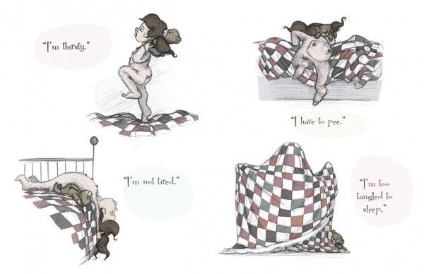 A child with a teddy bear tries to avoid bedtime, saying “I’m thirsty” and “I have to pee,” as they snuggle a checkered blanket in *Mabel and the Queen of Dreams* by Schiffer Publishing, Ltd.—the perfect bedtime story for children.