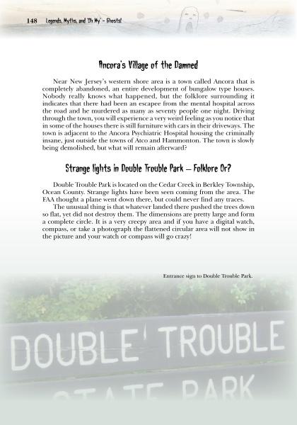 A page from "Folklore of the New Jersey Shore" by Schiffer Publishing, Ltd. explores eerie legends of Ancora and Double Trouble Park, with a faded sign at the bottom reading: Double Trouble State Park.