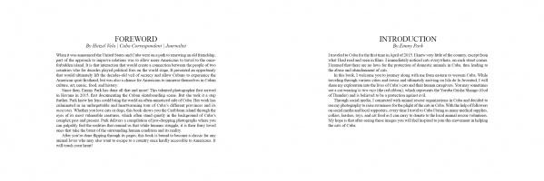 An open book from Schiffer Publishing, Ltd., "The Cats of Cuba": left page titled FOREWORD by Peter Choi; right page, INTRODUCTION by Jenny Frey. Both discuss cat photography and Cuba's cats in black text on white pages.