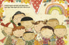 A group of diverse cartoon children and one adult, smiling under bunting and a rainbow like a page from an inspirational book, represents "Change the World Before Bedtime" by Schiffer Publishing, Ltd.—where happy things happen when hearts shine with love.