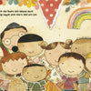 A group of diverse cartoon children and one adult, smiling under bunting and a rainbow like a page from an inspirational book, represents "Change the World Before Bedtime" by Schiffer Publishing, Ltd.—where happy things happen when hearts shine with love.