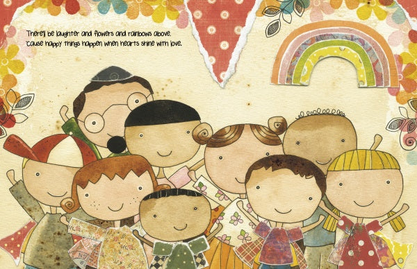 A group of diverse cartoon children and one adult, smiling under bunting and a rainbow like a page from an inspirational book, represents "Change the World Before Bedtime" by Schiffer Publishing, Ltd.—where happy things happen when hearts shine with love.