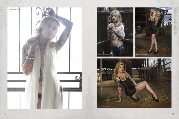 Ink ’N Girls 2 by Schiffer Publishing, Ltd. features four photos of a tattooed woman posing in various outfits and settings, from sheer fabric by a window to a caged area, celebrating the spirit of tattoo culture and Ink ’N Girls models.