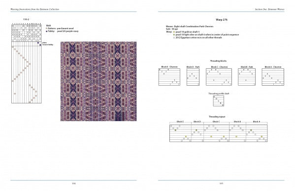 Pages 114-115 of "Weaving Innovations from the Bateman Collection" by Schiffer Publishing, Ltd. show a threading chart, purple and beige woven pattern, and detailed Bateman weave instructions for intermediate to advanced weavers.