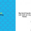 Left page: Blue ovals introduce shapes for kids. Right page: A gray character with an oval blue head, and a nest with bird and heart. From "My New Haircut" by Schiffer Publishing, Ltd.—great for children or gentle math learning.
