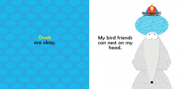 Left page: Blue ovals introduce shapes for kids. Right page: A gray character with an oval blue head, and a nest with bird and heart. From "My New Haircut" by Schiffer Publishing, Ltd.—great for children or gentle math learning.