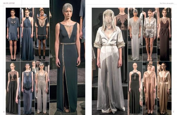 The SFP LookBook: Mercedes-Benz Fashion Week Fall/Winter 2014 Collections by Schiffer Publishing, Ltd. showcases runway models in elegant, flowing neutral-toned gowns with intricate detailing, beads, metallics, and a striking silver headpiece.