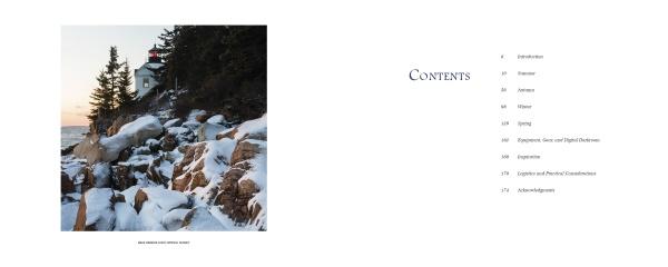 On the left, Embracing Light by Schiffer Publishing, Ltd. shows a snowy, rocky Mount Desert Island coast with a lighthouse and pine trees. On the right is a clean table of contents with chapters like Introduction, Seasons, and Winter.