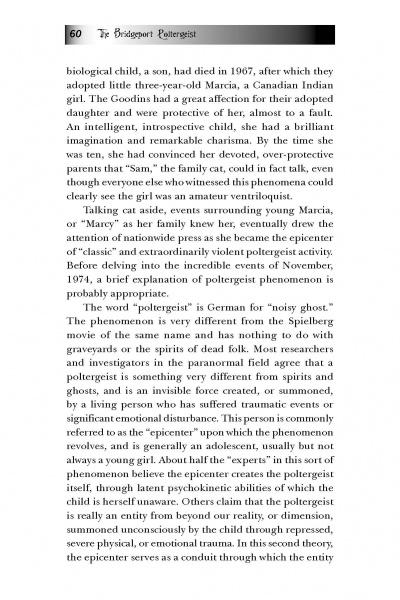 A page from Connecticut's Seaside Ghosts by Schiffer Publishing examines a girl’s alleged link to a poltergeist, defines the phenomenon, and highlights its place among famous haunted sites in Connecticut.