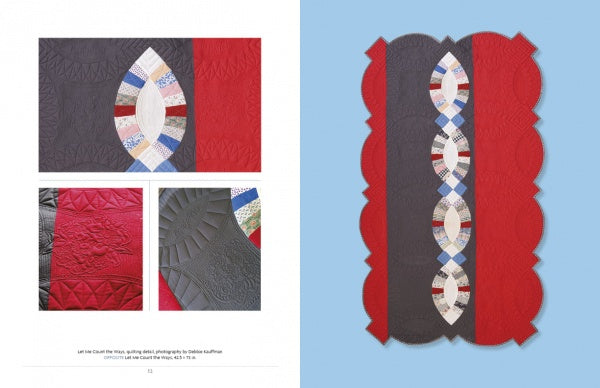 Twisted by Schiffer Publishing, Ltd. is a patchwork quilt with a gray and red background, featuring an arched, oval-shaped diamond pattern of mixed prints and close-ups of detailed quilt stitching in vintage red and gray fabrics.