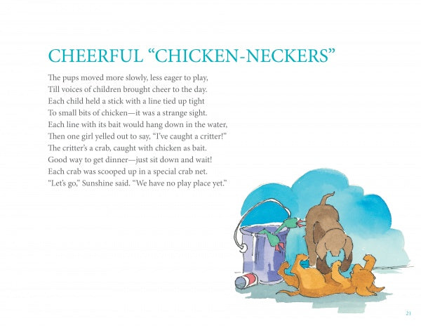 Chesapeake Play Day" by Schiffer Publishing, Ltd. features two brown puppies on an adventure, playing near three yellow ducklings, a blue pail, and a crab net in grassy Chesapeake country—captured in a cheerful children's book poem.