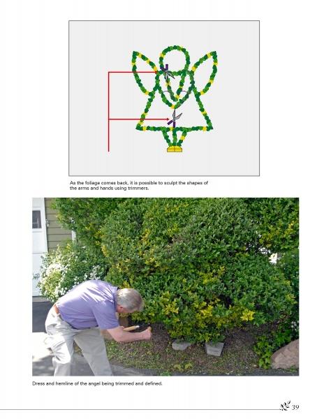 A man trims a large bush into an angel shape, demonstrating topiary art. Featured is "Basic Topiary" from Schiffer Publishing, Ltd.
