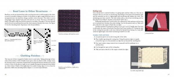 Weave Leno by Schiffer Publishing, Ltd. features spreads with beading patterns, close-up leno weave photos, and finishing techniques alongside images of cut and woven fabric using various weaving methods.