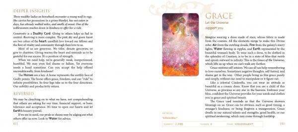 A two-page spread from Schiffer Publishing, Ltd.’s Transformation Oracle features “Deepen Insights” and “Reversed” on the left, while the right page displays “Grace” and a vivid oracle card of an angelic figure symbolizing divine healing.