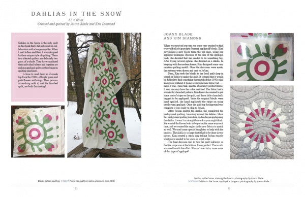 A magazine spread features “Twisted” by Schiffer Publishing, Ltd., showcasing quilt photos with floral, circular patterns in pink, green, and gray. Repurposed antique textiles add charm as snowy trees and close-ups highlight its detailed design.
