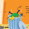 In "C Jumped over Three Pots and a Pan and Landed Smack in the Garbage Can!" by Schiffer Publishing, Ltd., the letter C dives headfirst into a garbage can, legs up, as food scraps scatter and a cat sits nearby with a purple block friend under the blue sky.