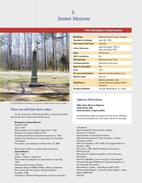 A tall stone obelisk, pictured under blue skies in Westmoreland County, VA, marks James Monroe’s birthplace. "Where the Presidents Were Born" by Schiffer Publishing, Ltd. provides historical and visitor info alongside the image.