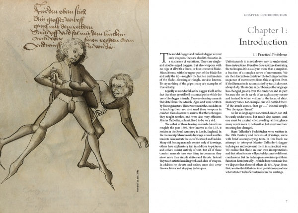 On the left, a historical illustration shows two men in medieval clothing practicing dagger fighting. On the right is a book page titled "Chapter 1: Introduction" from Dagger Fighting by Schiffer Publishing, Ltd.