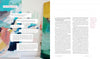 In "The Motherhood of Art" by Schiffer Publishing, Ltd., a two-page spread shows vibrant abstract art with conversation on the left, and an interview on creative motherhood on the right, featuring black text, a pink-margined quote, and a pink "Introduction" heading.
