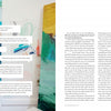 In "The Motherhood of Art" by Schiffer Publishing, Ltd., a two-page spread shows vibrant abstract art with conversation on the left, and an interview on creative motherhood on the right, featuring black text, a pink-margined quote, and a pink "Introduction" heading.