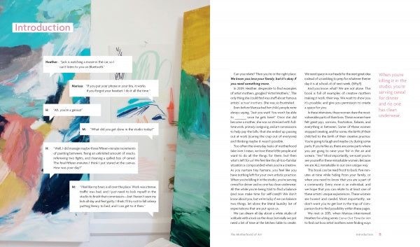 In "The Motherhood of Art" by Schiffer Publishing, Ltd., a two-page spread shows vibrant abstract art with conversation on the left, and an interview on creative motherhood on the right, featuring black text, a pink-margined quote, and a pink "Introduction" heading.