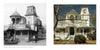 Side-by-side photos from *Oak Bluffs on the Vineyard* by Schiffer Publishing, Ltd.: left, a vintage black-and-white view of a Victorian house with people outside; right, the colorful, restored home under a blue sky.