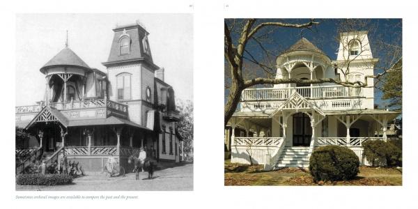 Side-by-side photos from *Oak Bluffs on the Vineyard* by Schiffer Publishing, Ltd.: left, a vintage black-and-white view of a Victorian house with people outside; right, the colorful, restored home under a blue sky.
