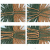 Four close-up images show green and tan cords gradually woven together in a square pattern, step by step, demonstrating Ply-Split Braided Baskets by Schiffer Publishing, Ltd., and highlighting each stage of the interlacing technique.