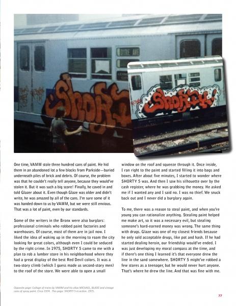 A magazine page features photos of a subway train with vibrant “Shorty 56” graffiti and includes an article about New York’s graffiti culture, highlighting Shorty 56’s story. From Blade by Schiffer Publishing, Ltd.