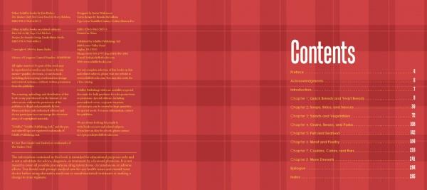 Image of Refreshed by Schiffer Publishing, Ltd.: a red plaid-patterned contents page with large "Contents" at the top and white text on the right listing chapters on breads, main dishes, healthy recipes, sweets, and more by Jim Bailey.
